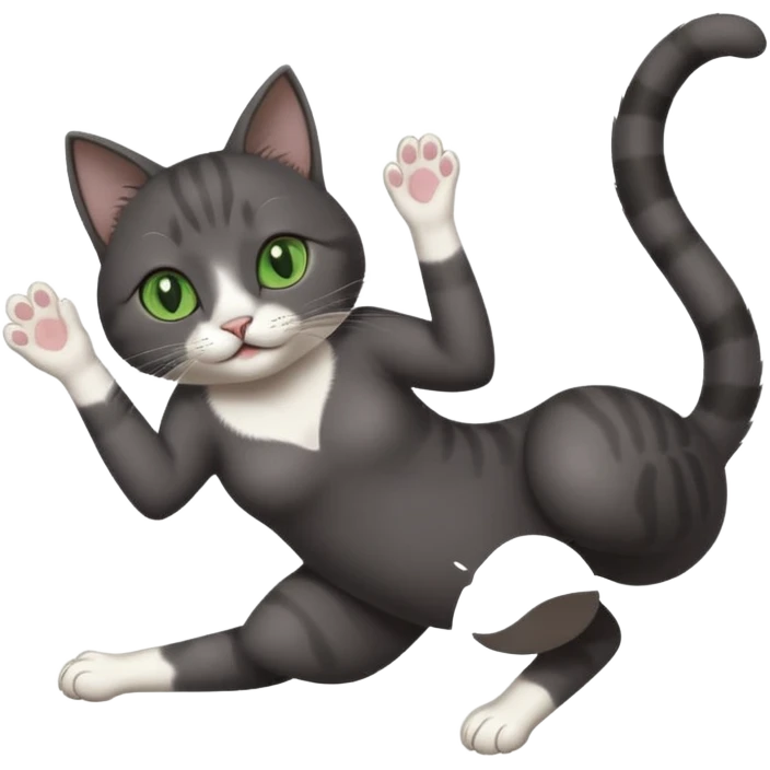 beautiful female solid dark grey cat with green eyes, white toes/paws and white patch on her chest playfully rolling upside down emoji