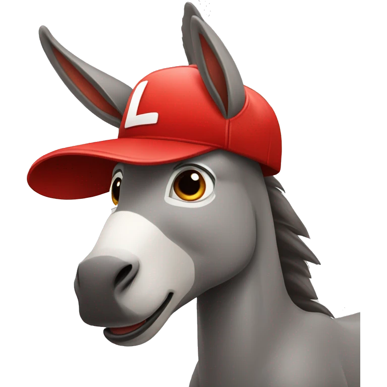 a donkey wearing a red cap with a scared expression and making the letter L with his hand emoji