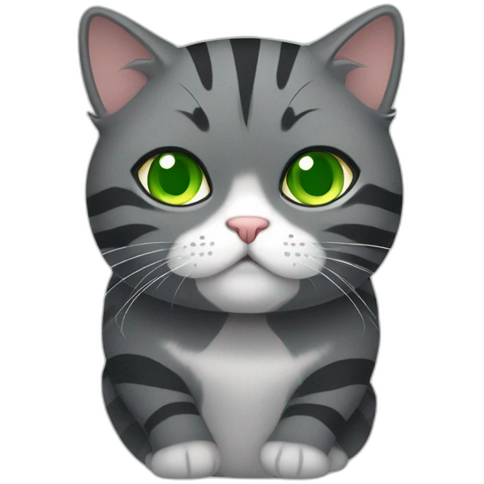 Grumpy Chubby Striped dark grey female cat with Green eyes and white chest emoji