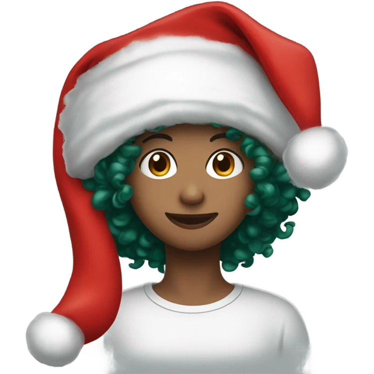 Unisex person short curly dark green hair in a red Santa hat  emoji