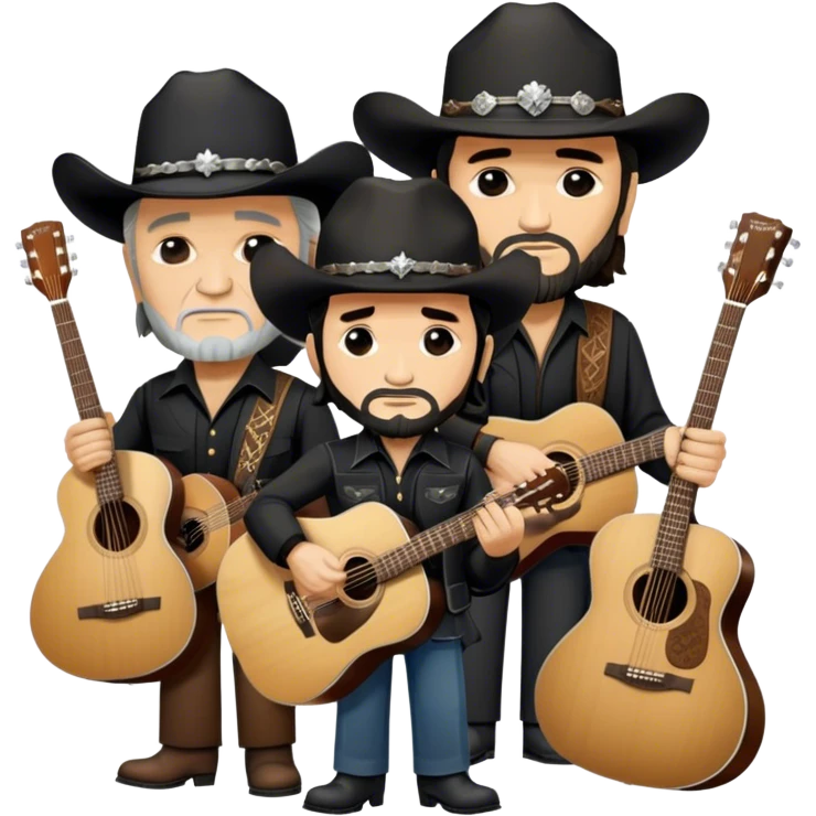 Icon for Country Music: The Highwaymen—Johnny Cash, Willie Nelson, Waylon Jennings, and Kris Kristofferson—standing together with guitars, cowboy hats, and rugged outlaw country aesthetics. Warm tones, western scenery hints, and a transparent background. emoji