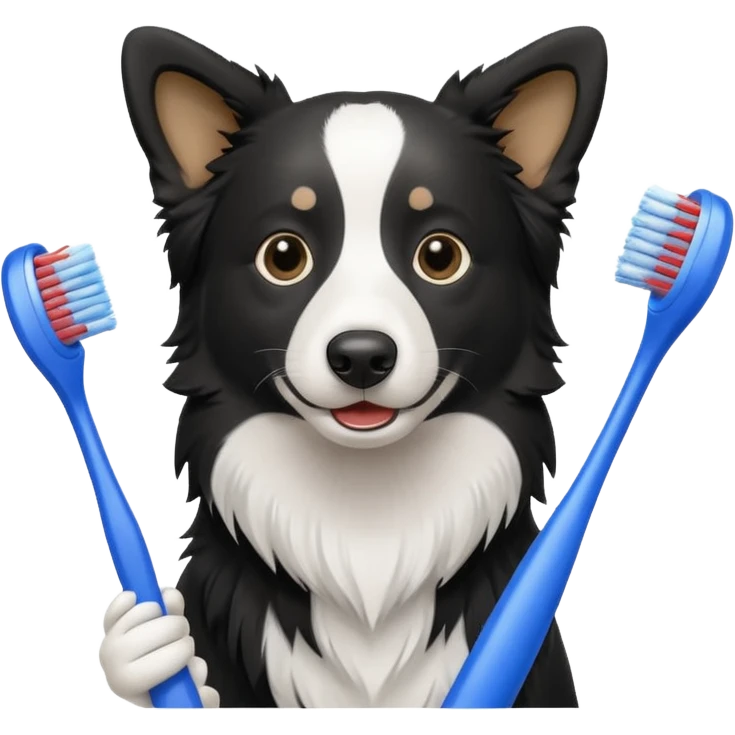 border collie black and white holding a blue toothbrush emoji
