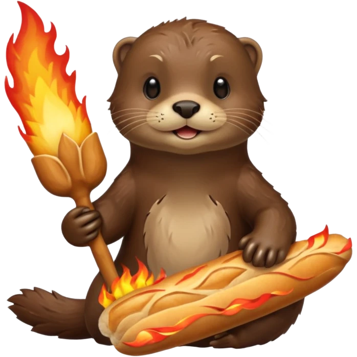Otter rise of castles game themed. Holding a baguette as a sword. Flames around  emoji