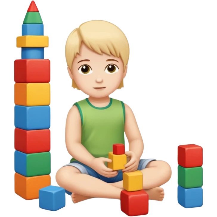 young child sitting on the floor, building a tower with blocks emoji