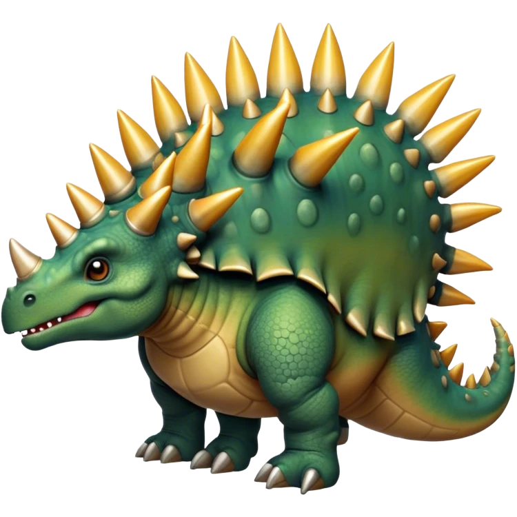 Cinematic Noble Stegosaurus Portrait Emoji, Poised and dignified, with a sturdy, low-slung body adorned by a distinctive row of bony plates along its back and a spiked tail, a small, determined head with observant eyes, Simplified yet sharply defined features, highly detailed, glowing with a soft, earthy radiance, high shine, intelligent and resolute, stylized with an air of ancient armored majesty, focused and alert, soft glowing outline, capturing the essence of a watchful and confident Stegosaurus that appears ready to lumber out of the screen with effortless authority! emoji