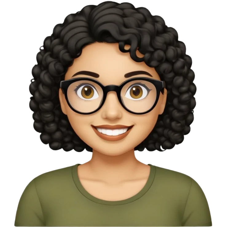 Hispanic woman with light tan skin. Round face with dimples. Dark eyes with black glasses. Thick eyebrows. Short curly black hair. Big smile. Wearing olive green top. emoji