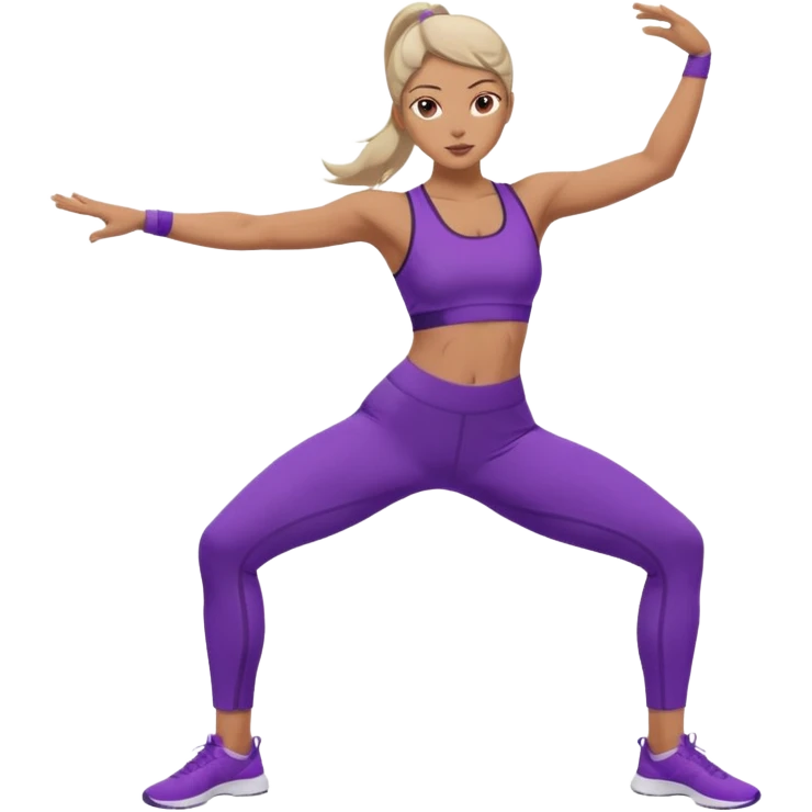A woman dressed in purple performing warrior one pose, sunrise lighting, peaceful and strong vibe. emoji