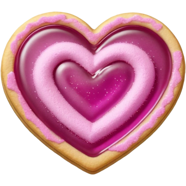 Realistic shortbread cookie in the shape of a heart with light margenta jelly middle filling and sprinkled powder sugar on top. emoji