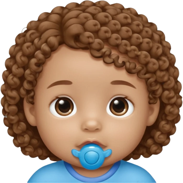 A baby with light brown skin, soft curly light-brown hair, wide brown eyes, and a blue pacifier.  emoji