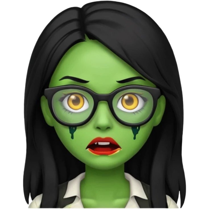 crie um emoji de zumbi feminino, com pele verde, óculos preto e cabelo longo preto emoji