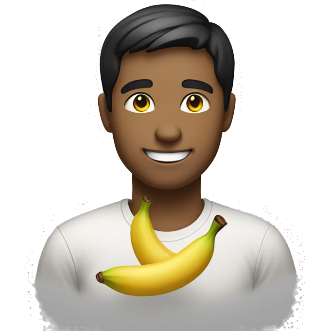 Handsome young man smiling emoji. Closed eyes, slightly blushing cheeks. Short black hair. Big smile. Wearing a t-shirt with a banana on it. Playful expression with a slight touch of defiance emoji