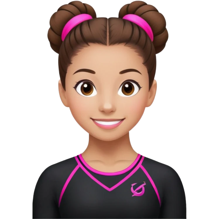 Happy female gymnast with brown hair in a neat bun, wearing a black uniform with neon pink elements. emoji