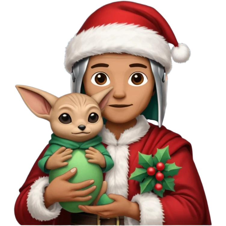 mandalorian holding grogu wearing santa hat emoji