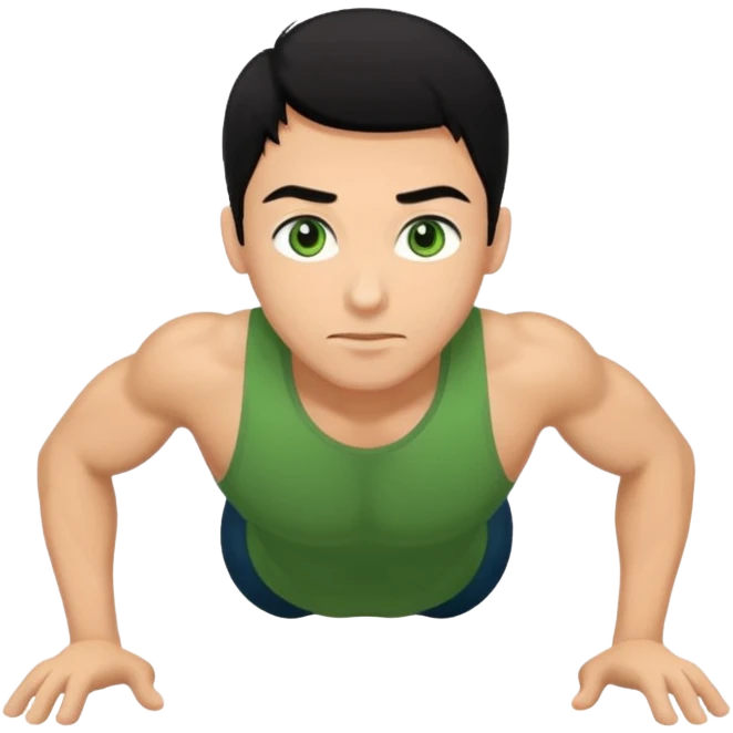 Man with black hair, green eyes doing push ups emoji