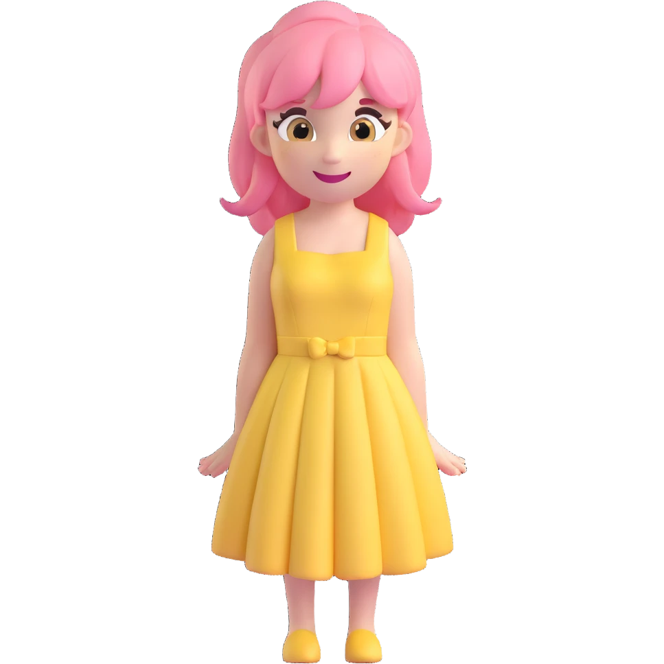 A cute emoji of a humanized Fluttershy, with pastel pink hair, yellow dress, and a sweet, shy smile emoji