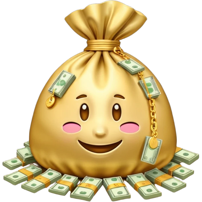 Luxury 3D emoji, overflowing money bag, stacks of cash, premium lighting, rich glossy look, ultra clean, transparent background


 emoji