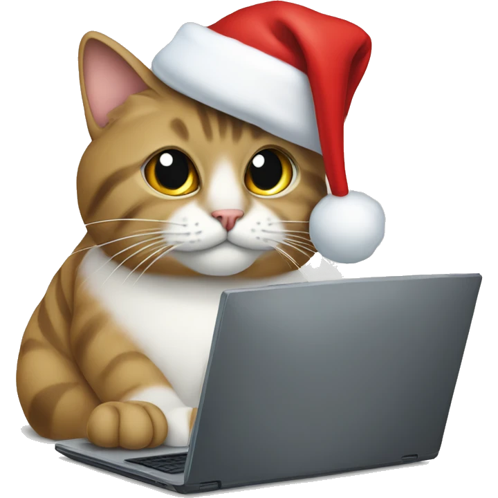 The programmer's cat wearing a santa hat is sitting at the computer emoji