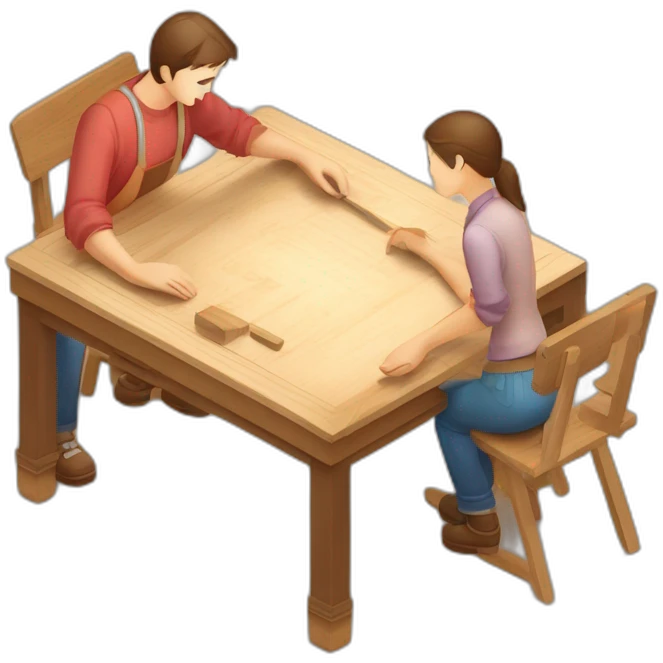 isometric square transparent solid outline border containing woodworking teacher with student teaching in creative workshop on long table emoji