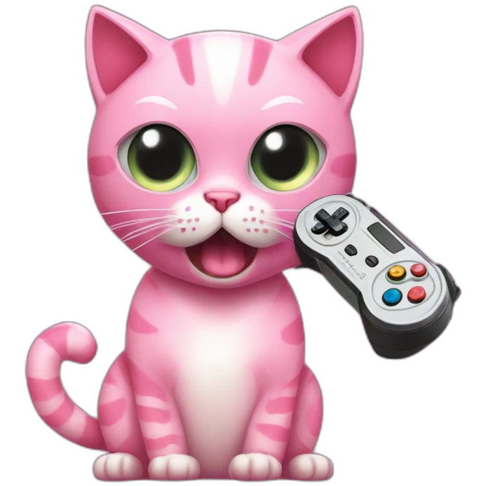 Pink cat with angry face playing with a video game controller y que tenga la cara furiosa como con fuego en los ojos emoji