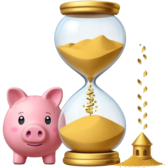 A minimalist emoji-style icon: A stylized piggy bank with a coin dropping into it, next to an hourglass. The hourglass symbolizes time and long-term savings for retirement. Simple shapes, flat bright colors, emoji-like design. emoji