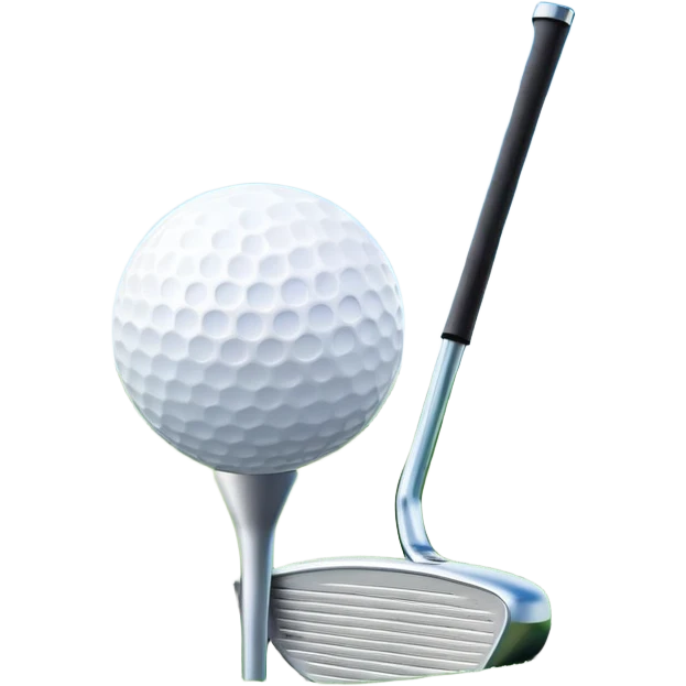 A golf ball on a tee, with a golf club placed beside it on the lush green fairway. The background shows a serene golf course with neatly trimmed grass and a clear blue sky, emphasizing the elegance and precision of the game. emoji