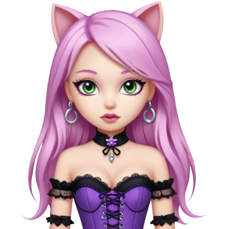 pretty bratz girl, long straight LIGHT pink HAIR, jade kitten eyes, black eyeliner, pale skin, purple corset clothes with laces emoji