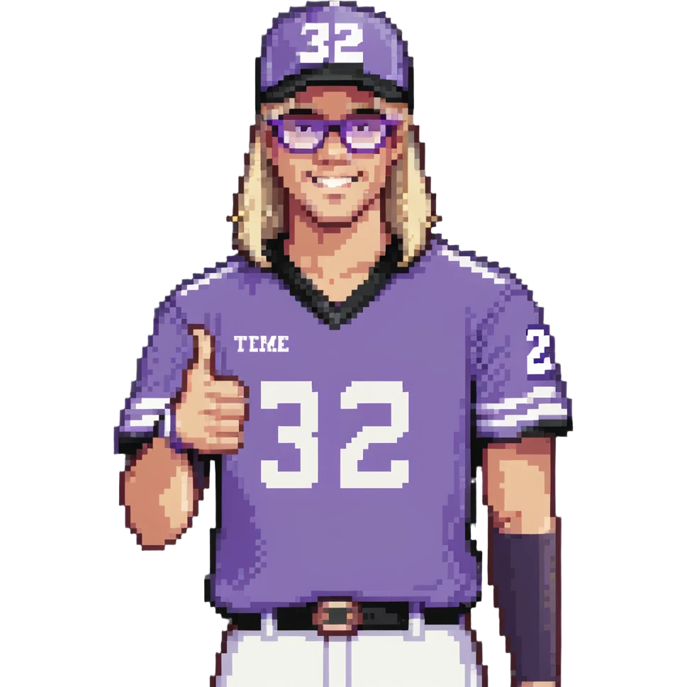 Man with black and white cap, purple sports jersey with number 32, clear glasses, light blond mullet hairstyle, thumbs up gesture emoji