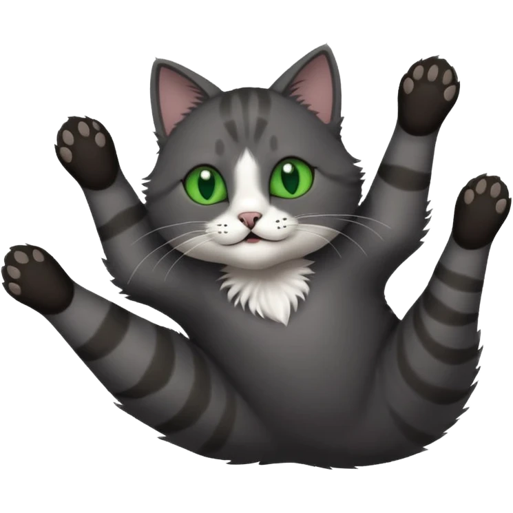 solid dark grey cat with green eyes, completely solid grey face, white toes/paws playing rolling upside down emoji
