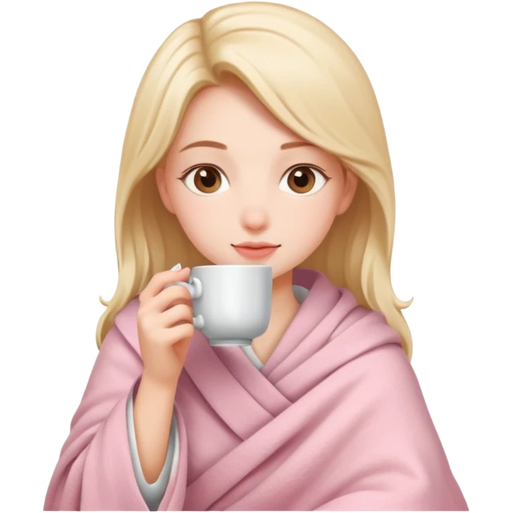 Милая девушка  и пьет чай укутавшись светло розовым пледом  emoji