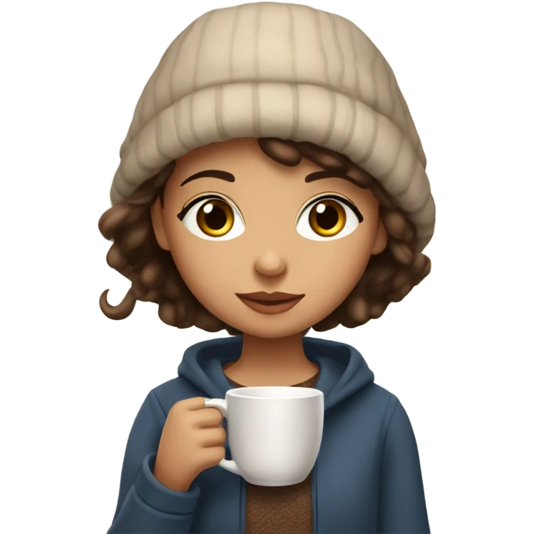 A girl is drinking coffe in a cozy place and she is wearing Thick clothes.She is brunette and her eyelashes are very beautiful,she has a pretty makeup,her eyes are brown. emoji