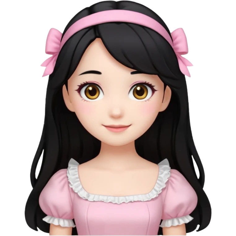 pale girl with medium length black hair, brown eyes, doll-like hime makeup, wearing a light pink hime dress, emoji style, smiling emoji