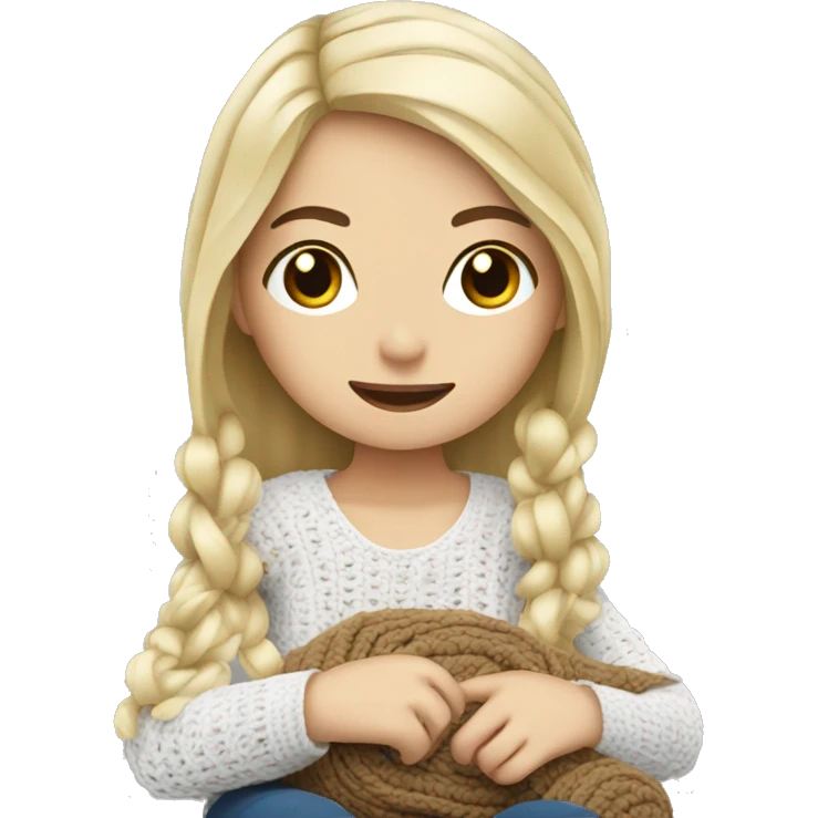 white blond Girl sitting doing crochet emoji