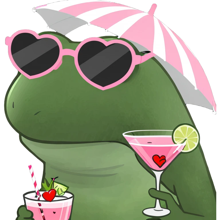 Bufo frog in a sitting cross-legged pose, with striped umbrella hat, heart-shaped sunglasses, holding a pink cocktail, classic Bufo meme style, no background. emoji