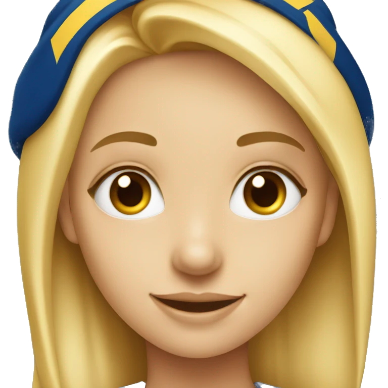 Blonde girl with blue eyes smiling wearing University of Michigan hat emoji