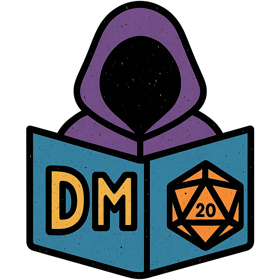 minimalist icon representing Dungeon Master for DnD TTRPGs with DM screen, dice, or hooded figure, worn distressed look emoji