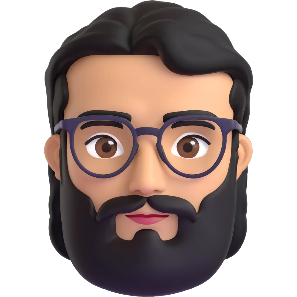middle eastern man with medium length black beard, black hair, thick connected unibrow, tan skin, brown eyes, wearing glasses emoji