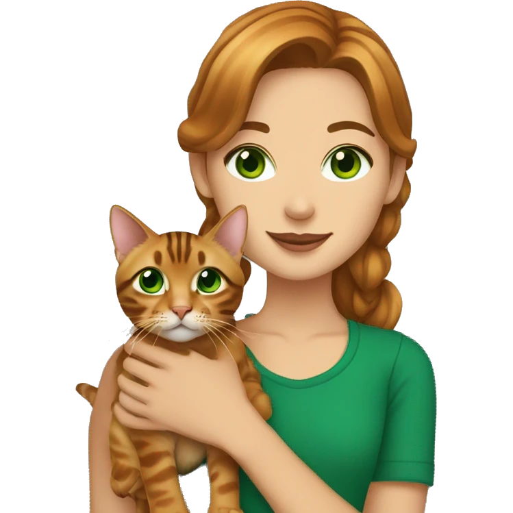 Girl with caramel Brown hair and Green eyes Holding a Bengal cat With Green eyes  emoji