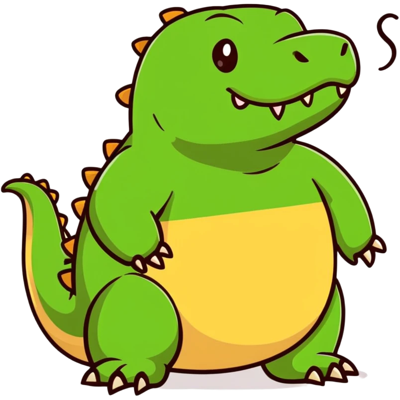 A fat komodo dragon with a bloated stomach, mid-hiccup with its body bouncing slightly from the hiccup emoji