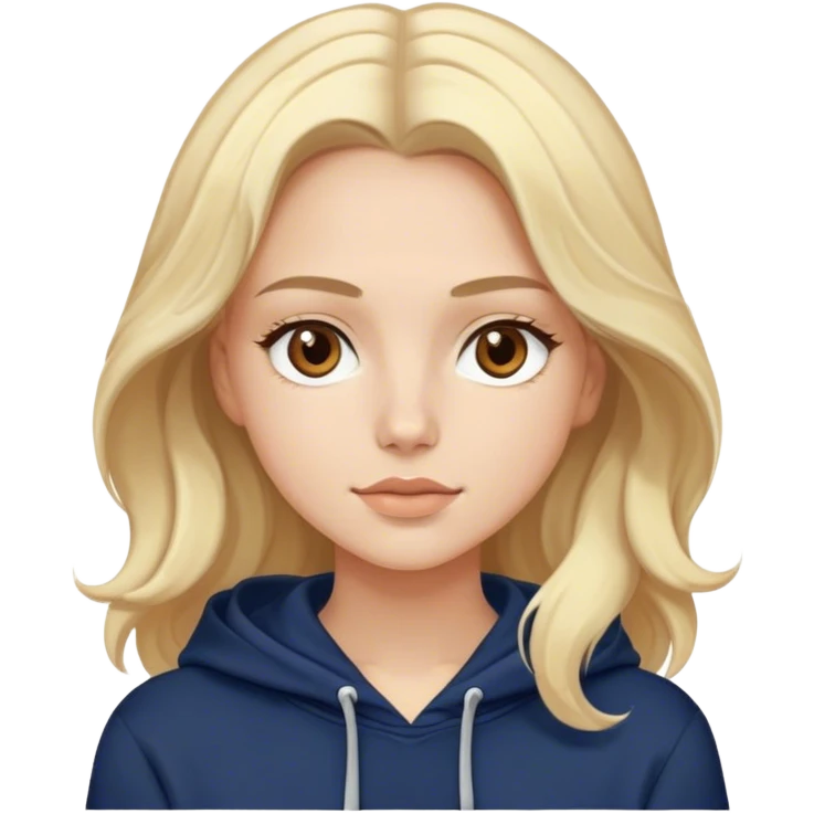 Luxury blonde model, brown eyes, soft sleek wavy hair, wearing a navy hopdie emoji