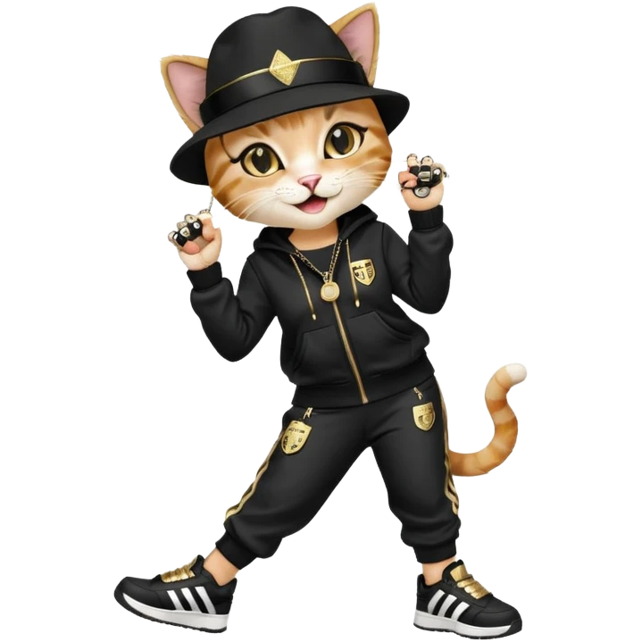 female cat dressed like Run DMC with tracksuit, fedora, Adidas shoes, lots of gold chains, rings, bracelets, earrings, laughing, looking up, no sunglasses emoji