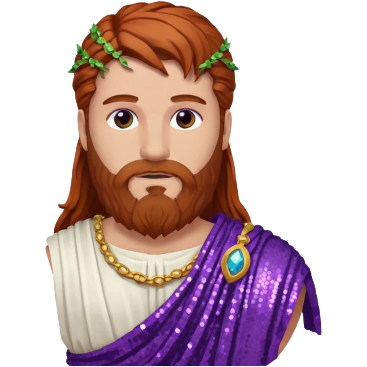 Liber from Roman Deities with long auburn hair and beard, purple sequin toga emoji