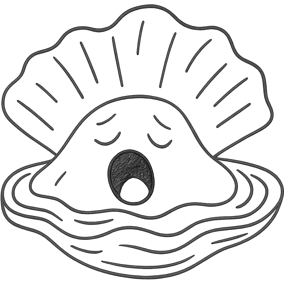 Cute oyster with a yawning expression (wide open mouth, half-closed eyes) in hand drawn style, transparent background. emoji