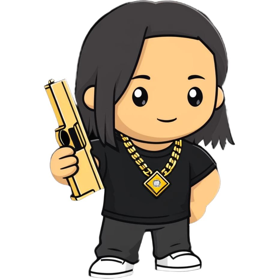 kid with long hair holding a glock, wearing a diamond grill and a 24 karat gold chain emoji