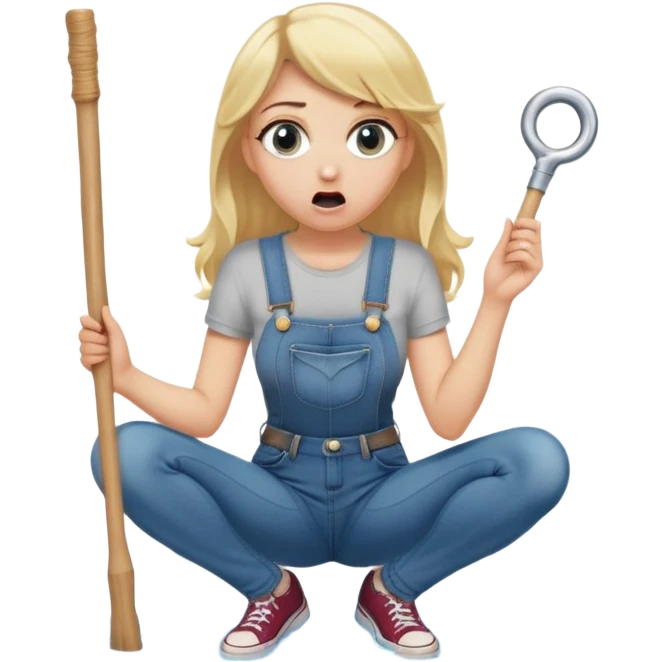 blond woman sitting on her knees with wide eyes, a human in jeans stands next to her, she's holding a wide skin-colored stick with a D-shaped knob, the stick and the nob have skin texture, water squirting from the knob into her mouth, shocked face emoji
