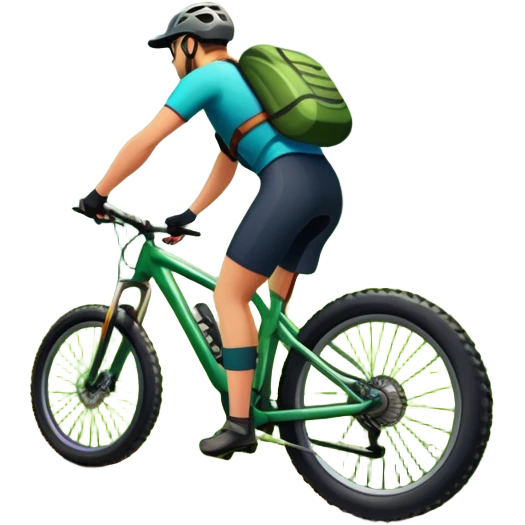 An icon showing a mountain bike with thick tires on a forest trail, surrounded by trees and natural terrain. The background features a lush green forest with sunlight filtering through the branches, and a winding path ahead. Transparent background highlights the  adventure of mountain biking. emoji