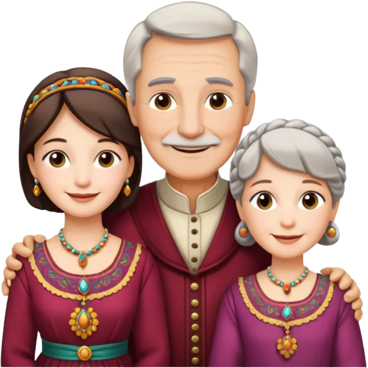 Indiana family with a 70 years old father and mother and a 40 years old daughter. They wear a traditional dress. They are smiling. emoji