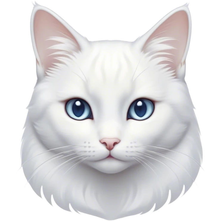 Cinematic Noble White Cat Portrait Emoji, Poised and stately, with a pristine, snow-white fur accented by delicate hints of silver, refined whiskers and a serene, focused gaze, simplified yet impeccably detailed, glowing with an ethereal radiance and timeless elegance, high shine, exuding calm intelligence and regal simplicity, soft glowing outline, capturing the essence of a noble white cat that radiates quiet majesty! emoji
