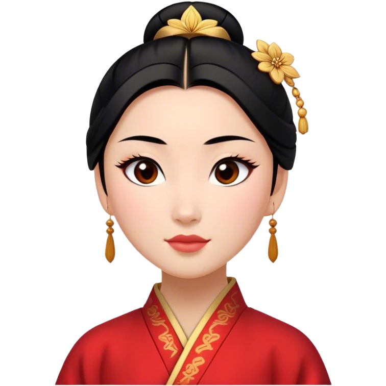 Cinematic Elegant Mulan Portrait Emoji, rendered in a realistic, vector-style with minimal shading and bold, simplified shapes. Depict Mulan (chest and above) with warm, light-toned skin, almond-shaped eyes, and sleek black hair styled in a traditional bun. She wears a modest, traditional robe with subtle red and gold accents, glowing with a soft, refined radiance and high shine, capturing timeless beauty and inner strength. emoji