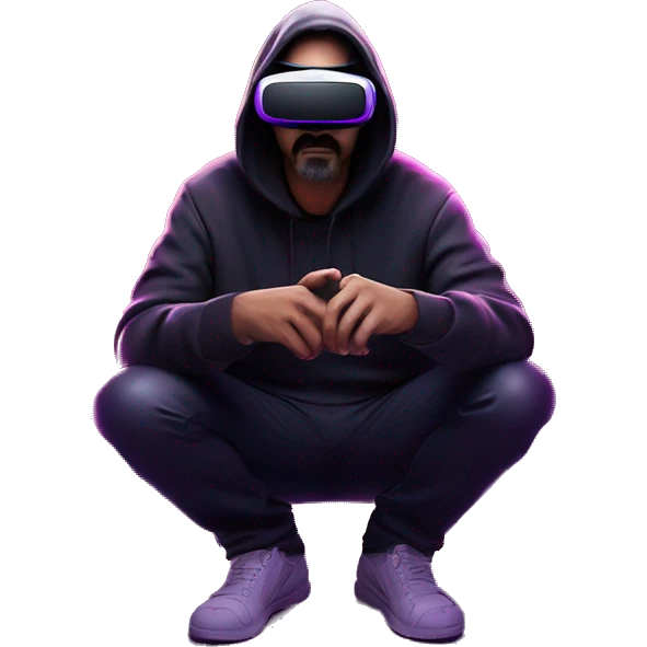 Big Lebowski wearing a black hoodie with "OMG" letters on it and VR headset oculus quest 2 in a cyberpunk VR environment with violet neon lighting. Showing direction with hand emoji