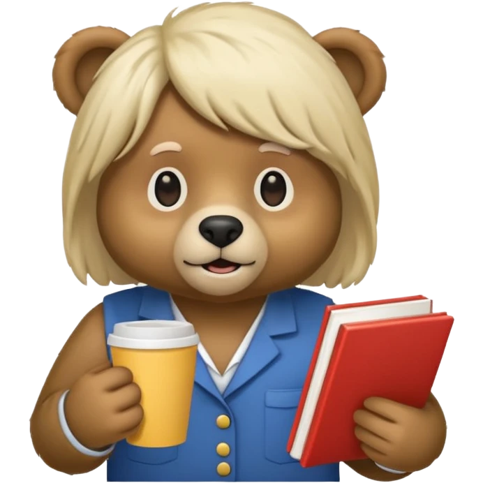 A bear wearing a wig, holding a textbook, and holding a coffee cup emoji